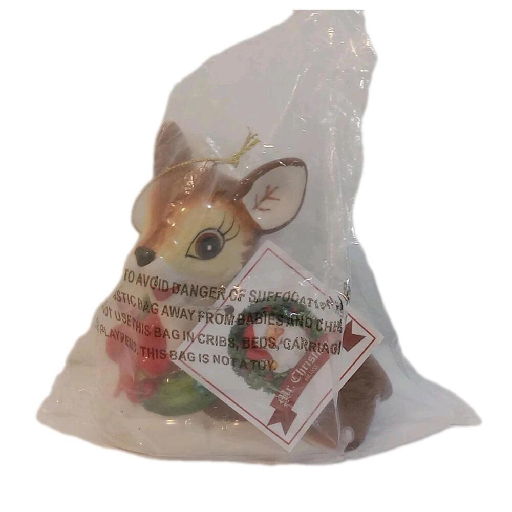 Mr Christmas Ceramic Reindeer Ornament Brown Green 5" LED Lights Up Wreath